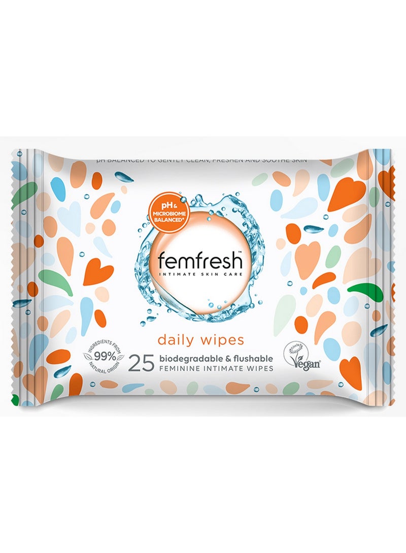 femfresh Intimate Skin Care Daily Wipes Ph Balanced Biodegradable & Flushable 99% Natural Origin 25Pcs - Image 1